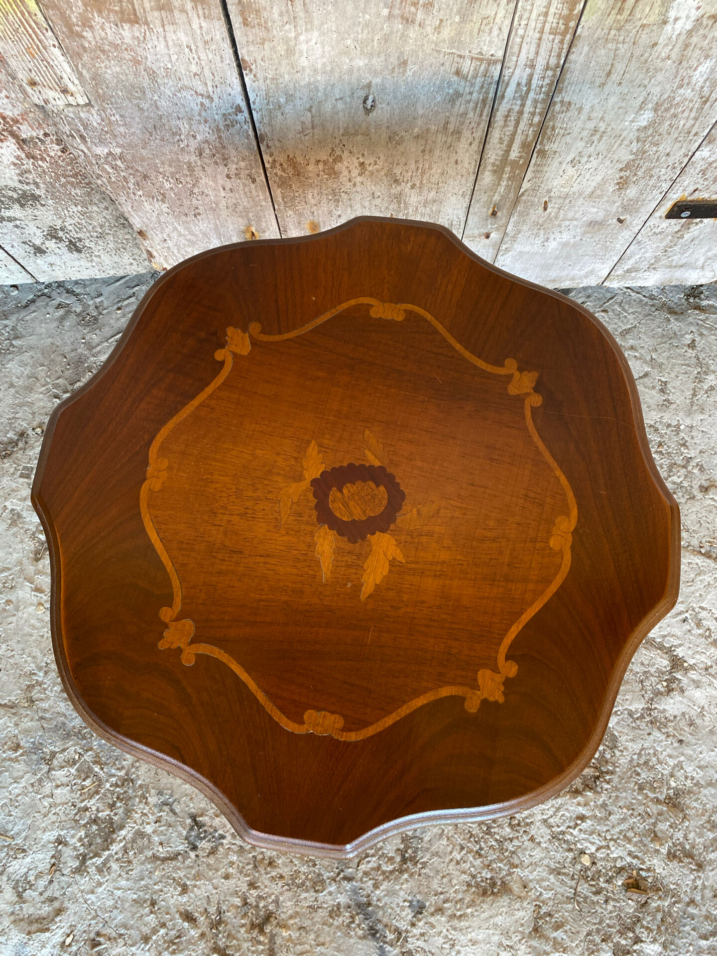 Guéridon Ancien Table Appoint Tripode Bois +  Plateau Marqueterie Vint