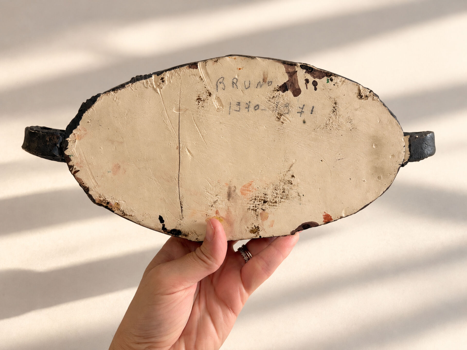 Oval bowl with two handles in glazed ceramic, 1970-71