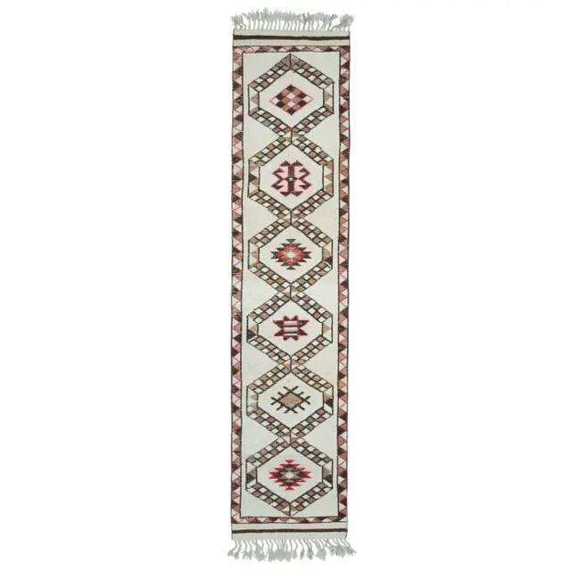 1970s Vintage Turkish Hand-Knotted Wool Cotton Beige Runner Rug 86x375