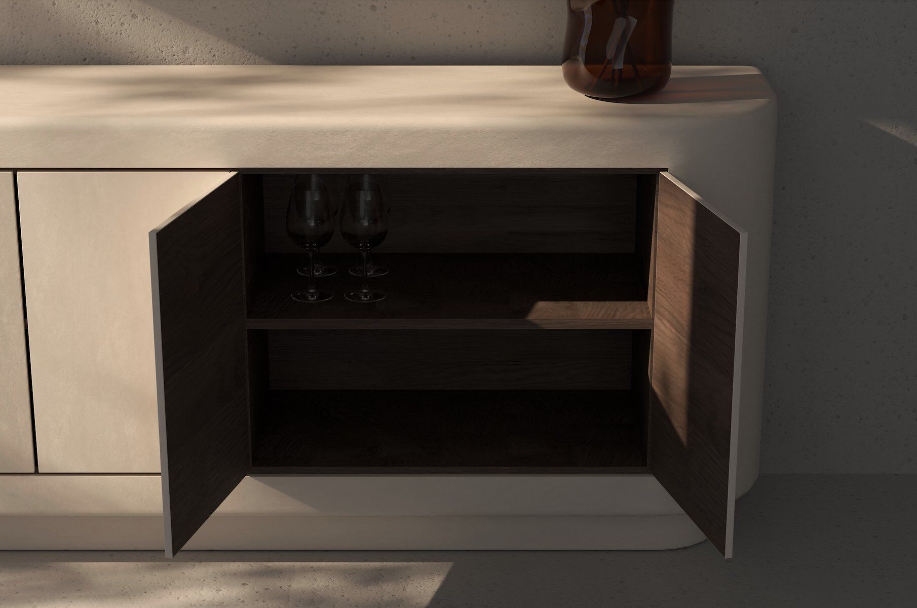 Contemporary Handmade Textured Plaster Sideboard with Walnut Interior