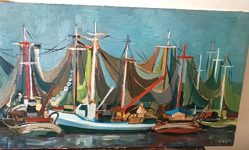 Oil painting on panel, seascape with boats - Signed, 50s/60s
