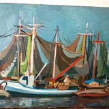 Oil painting on panel, seascape with boats - Signed, 50s/60s