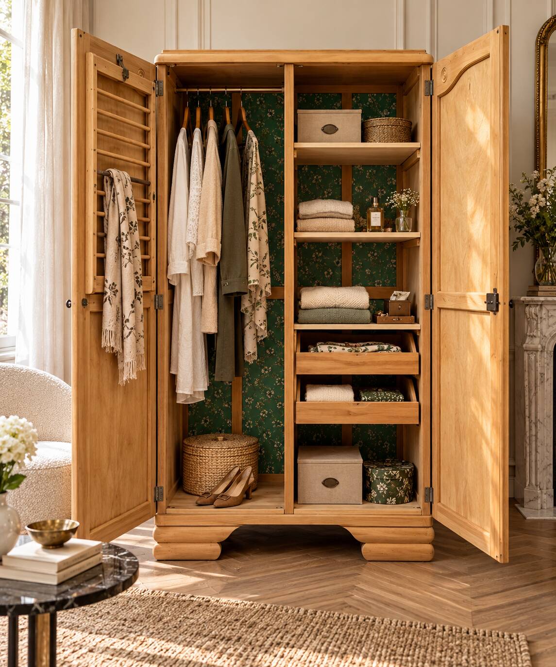Parisian Art Deco wardrobe, renovated with raw wood.