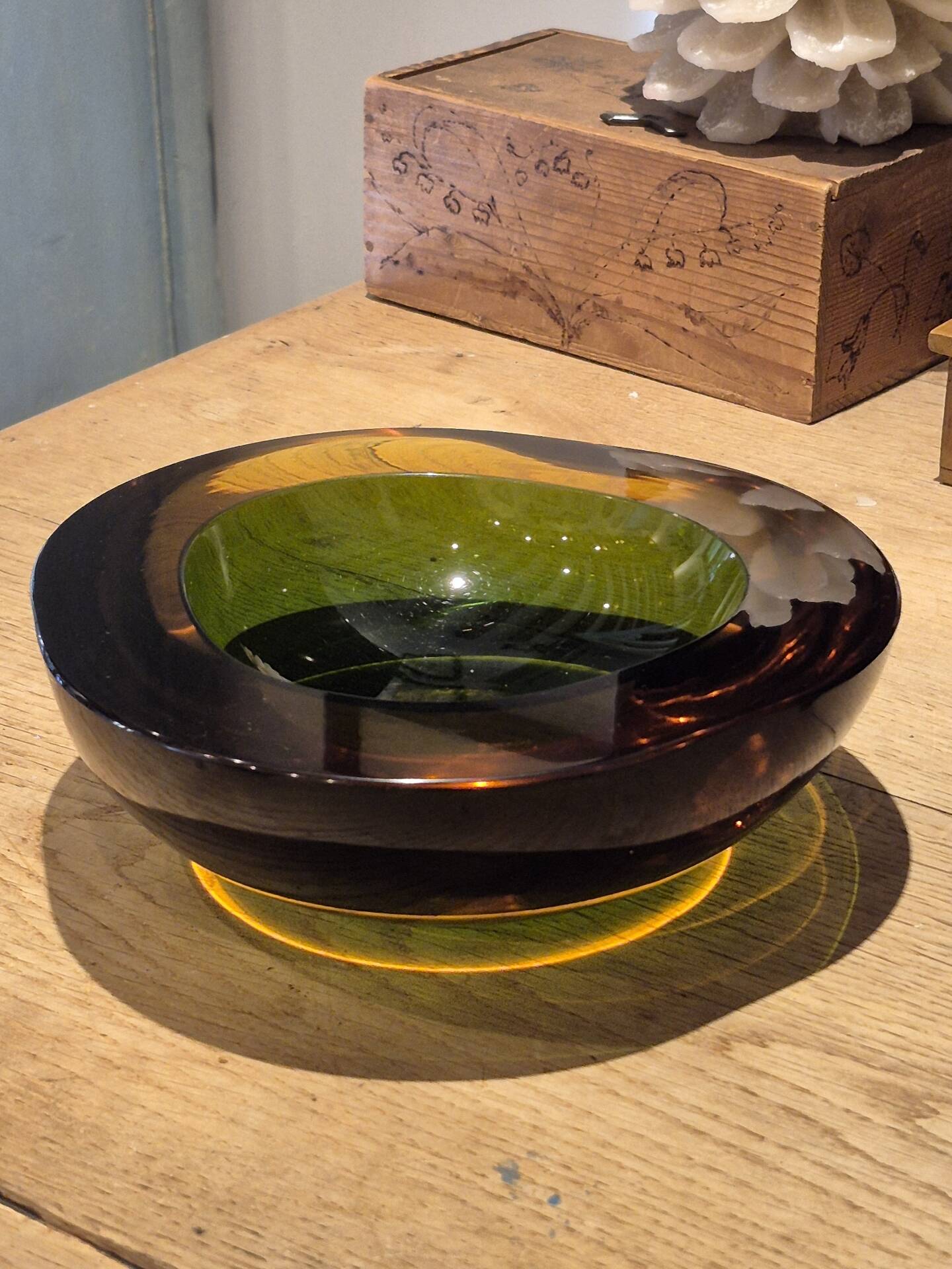 Large vintage Murano glass ashtray in olive green and amber.