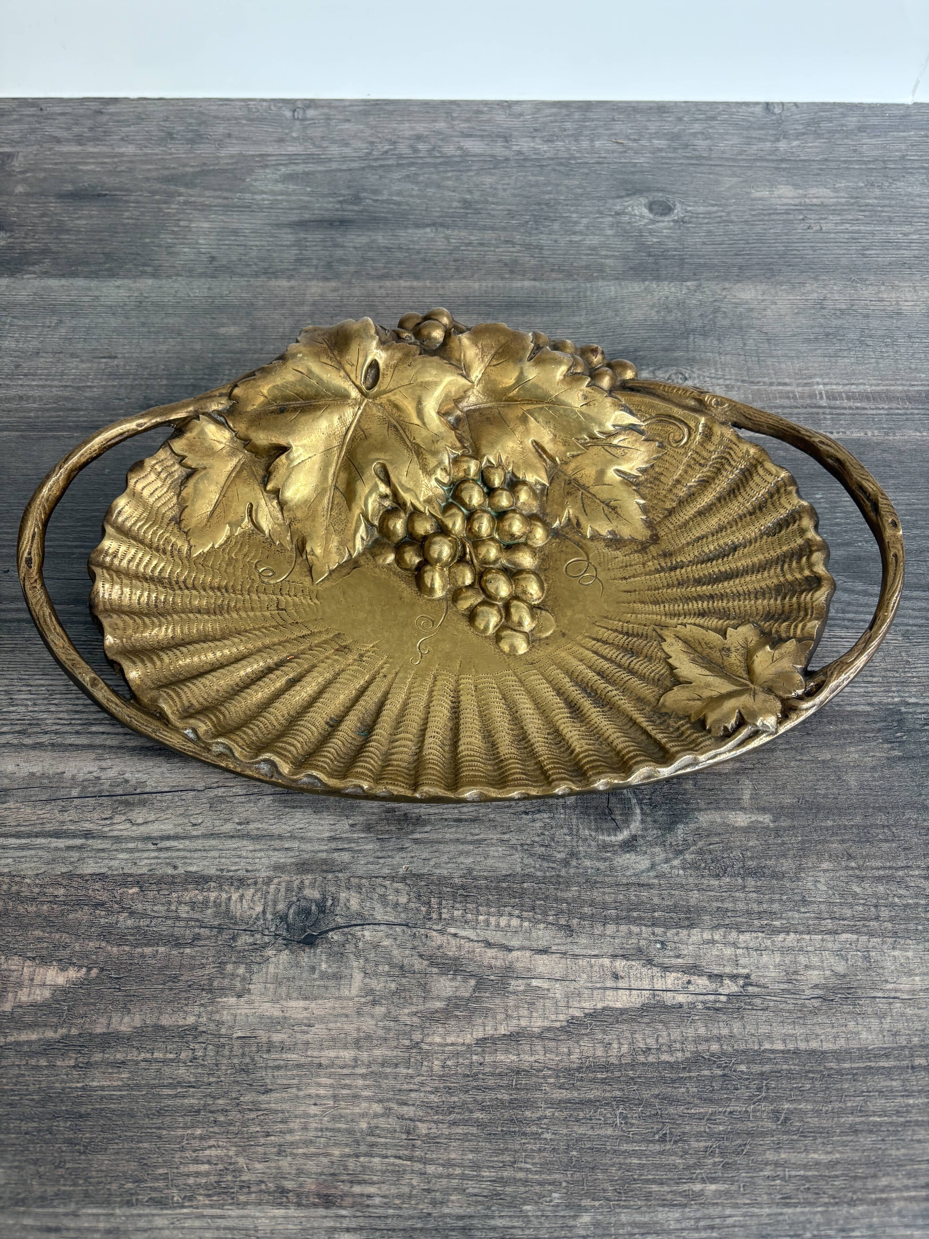Superb antique brass tray with Art Nouveau grapes.
