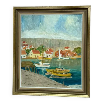 Original Swedish Oil on Panel – “Coastal Village” by Tage Nillson – Signed – Vintage & Framed – 65 × 56 cm (25.6" × 22")