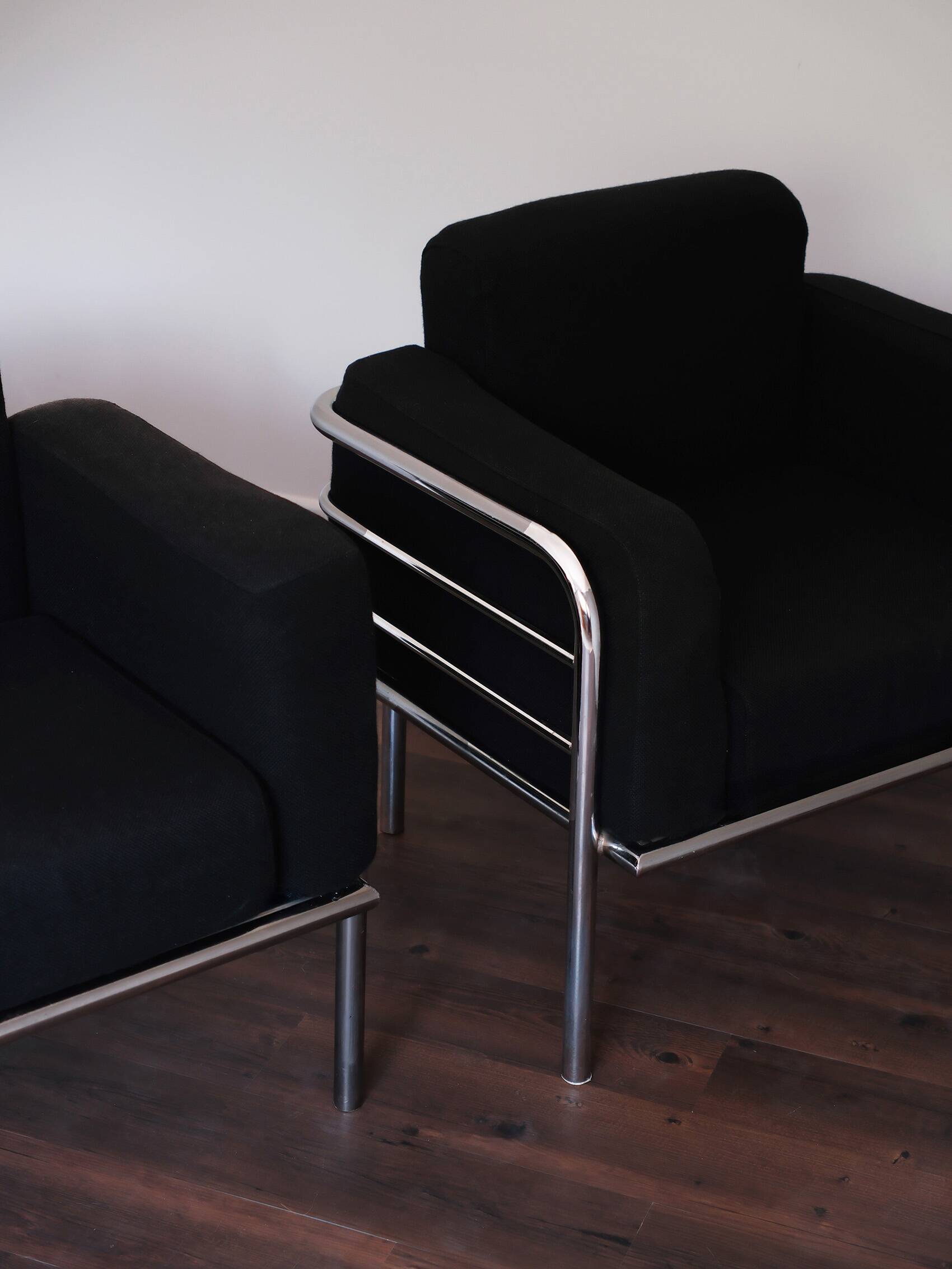 Pair of fabric armchairs – modernist design, circa 1970-80