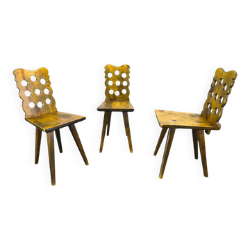 Set of 3 Brutalist Wooden Chairs, Czechoslovakia, 1950s