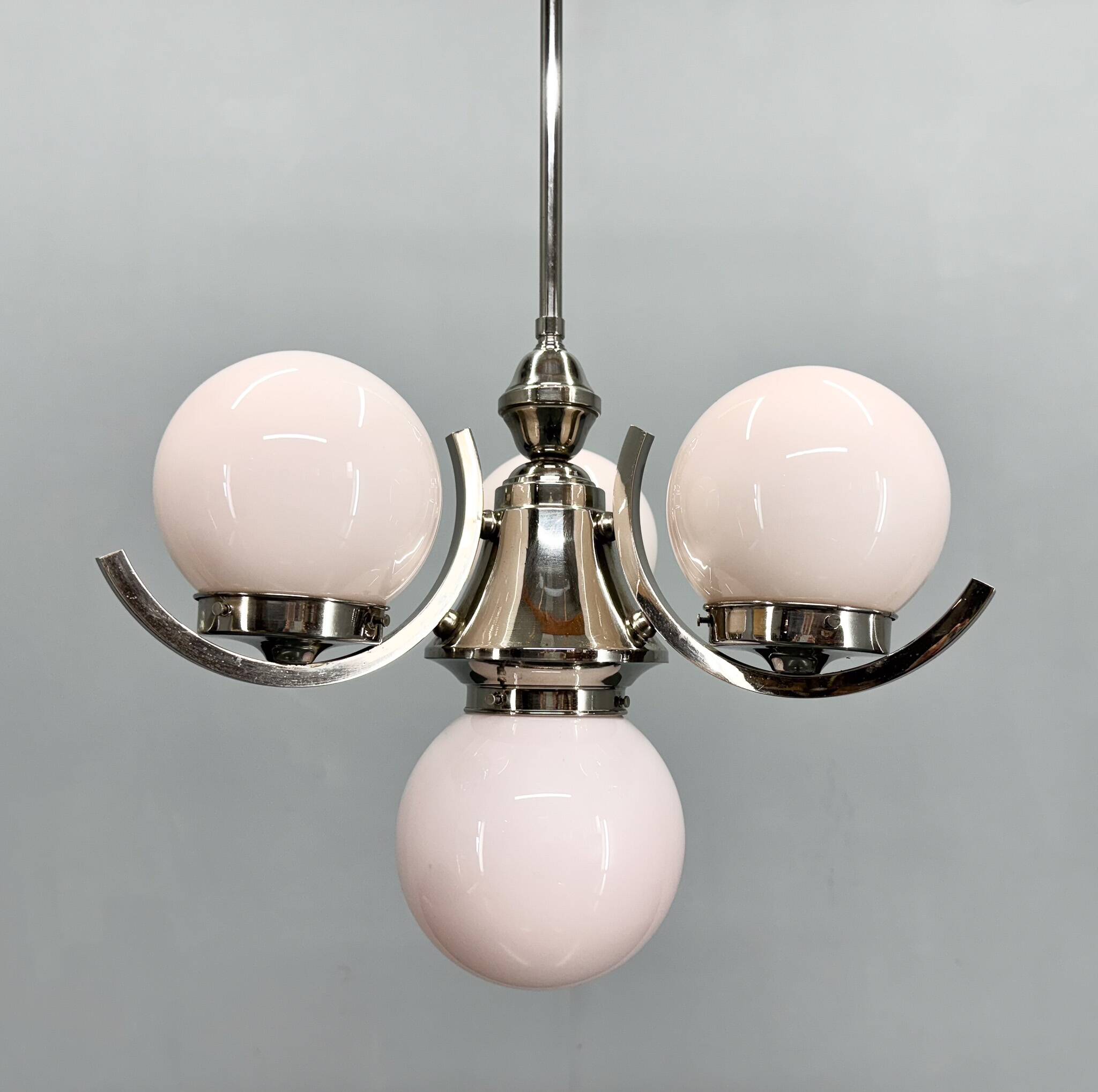 Art Deco Chrome and Pink Glass Chandelier, 1930's