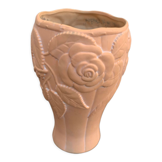 Vase terracotta avec un motif de roses en relief céramique vintage