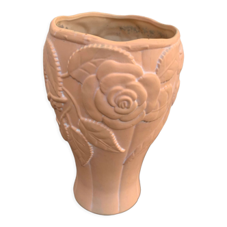 Terracotta vase with a vintage ceramic relief rose pattern