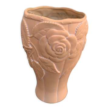 Vase terracotta avec un motif de roses en relief céramique vintage