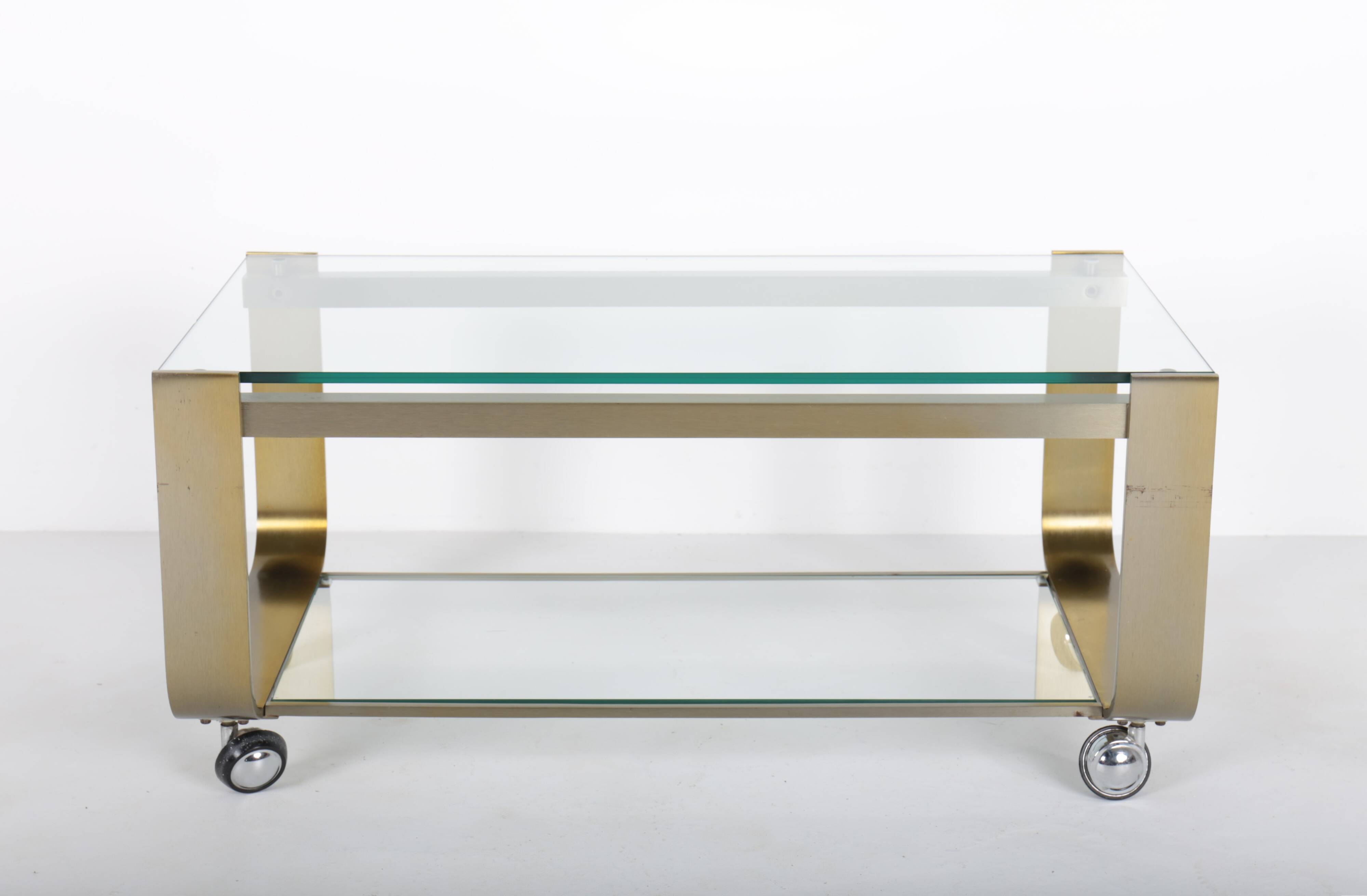 Vintage coffee table in gold metal and double glass top, 70s