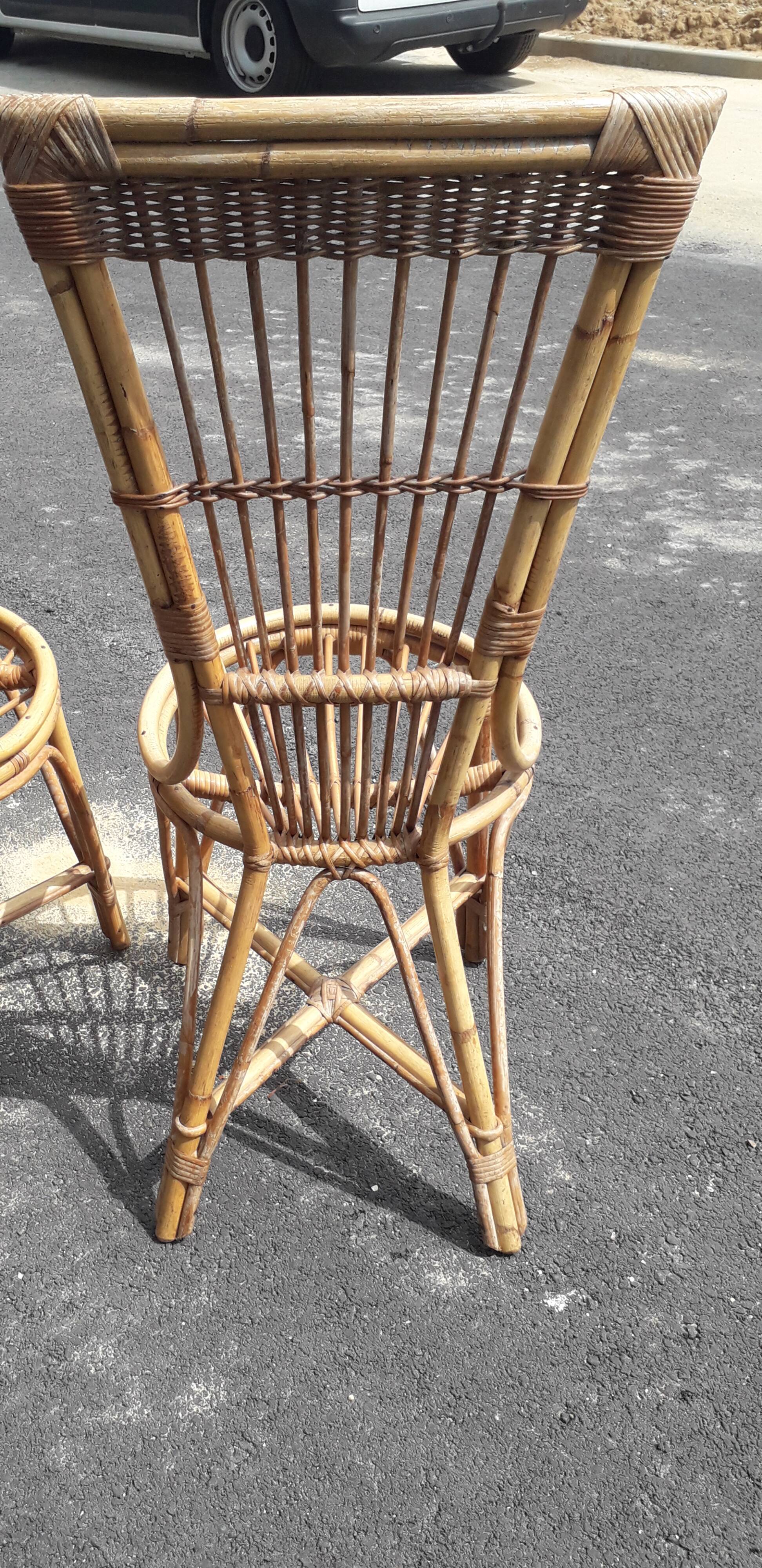 Paire de chaises et table rotin osier vintage XXème