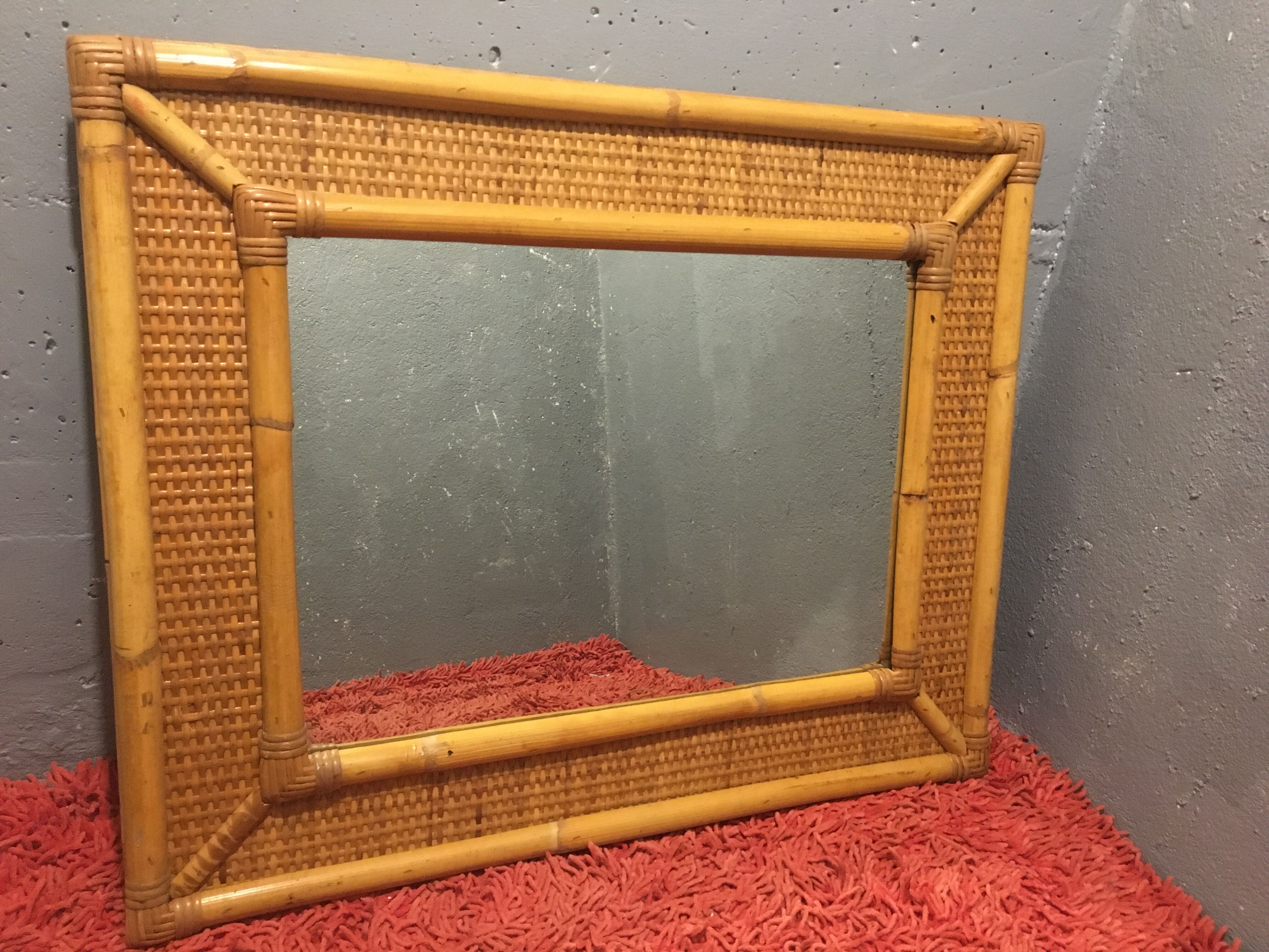 1970s mirror bamboo and rattan