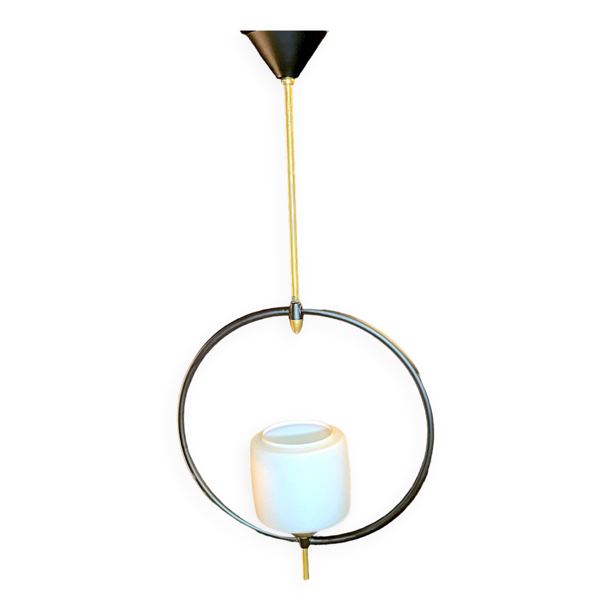 Maison Lunel, Mid-Century Black and Brass Circular Pendant Lamp, France