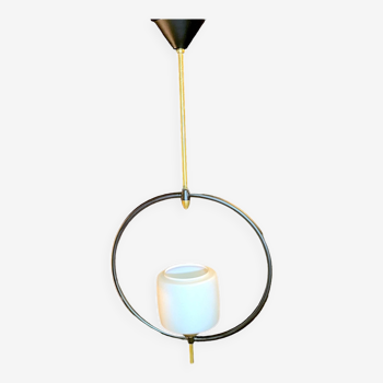 Maison Lunel, Mid-Century Black and Brass Circular Pendant Lamp, France