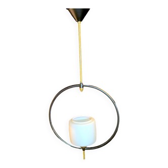 Maison Lunel, Mid-Century Black and Brass Circular Pendant Lamp, France