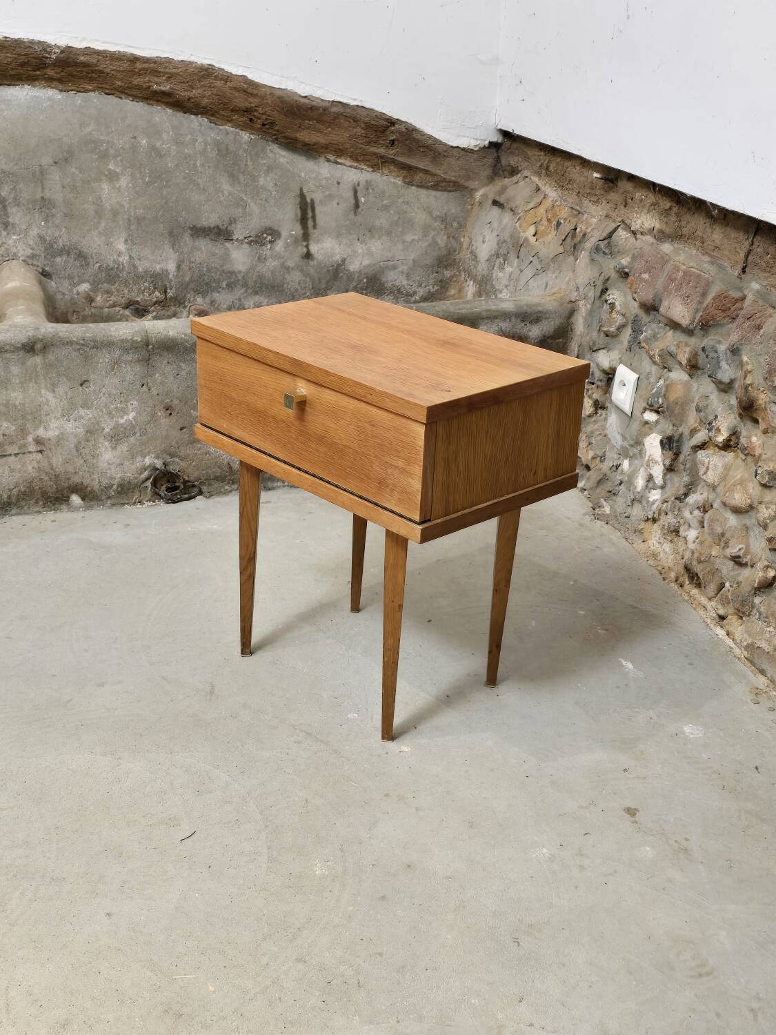 Scandinavian bedside table with hinged drawer