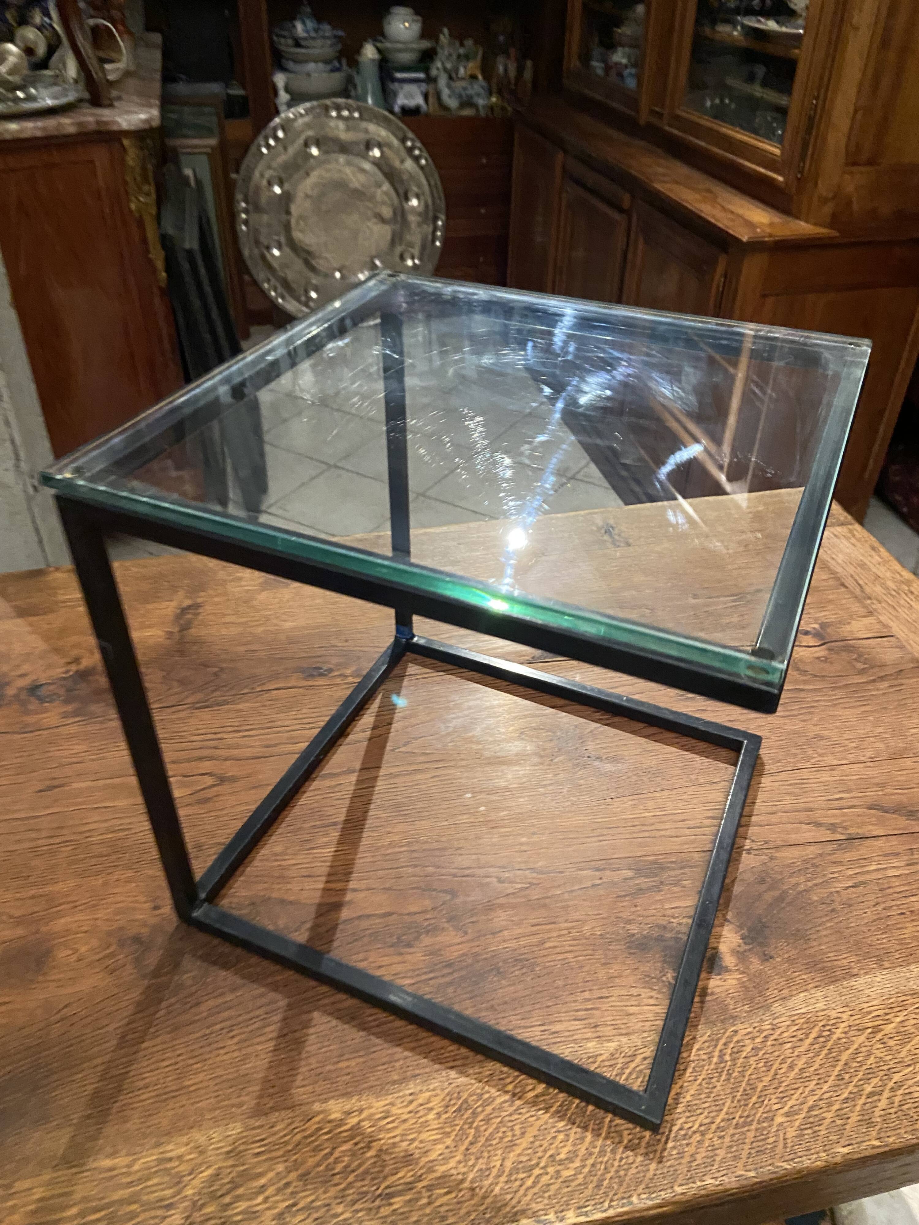 Coffee table end of sofa harness design 1970 metal and glass marked pierre chevalier