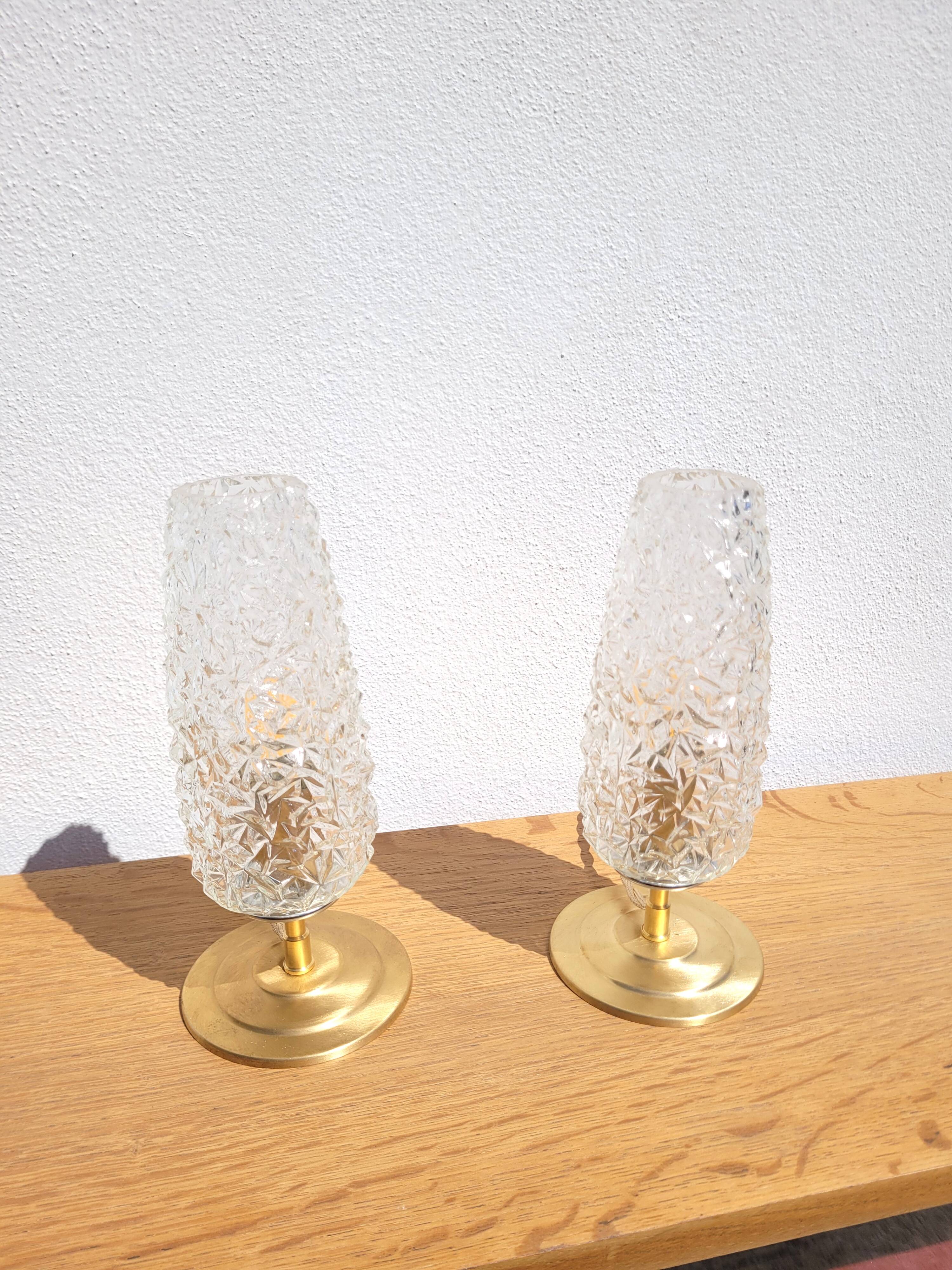 Pair of vintage diamond and brass tulip lamps