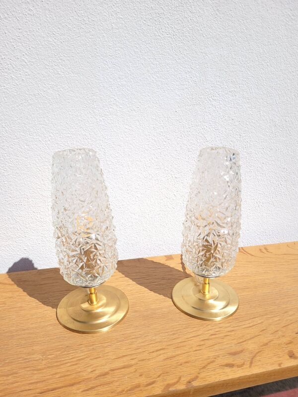 Paire de lampes vintages tulipe diamant et laiton