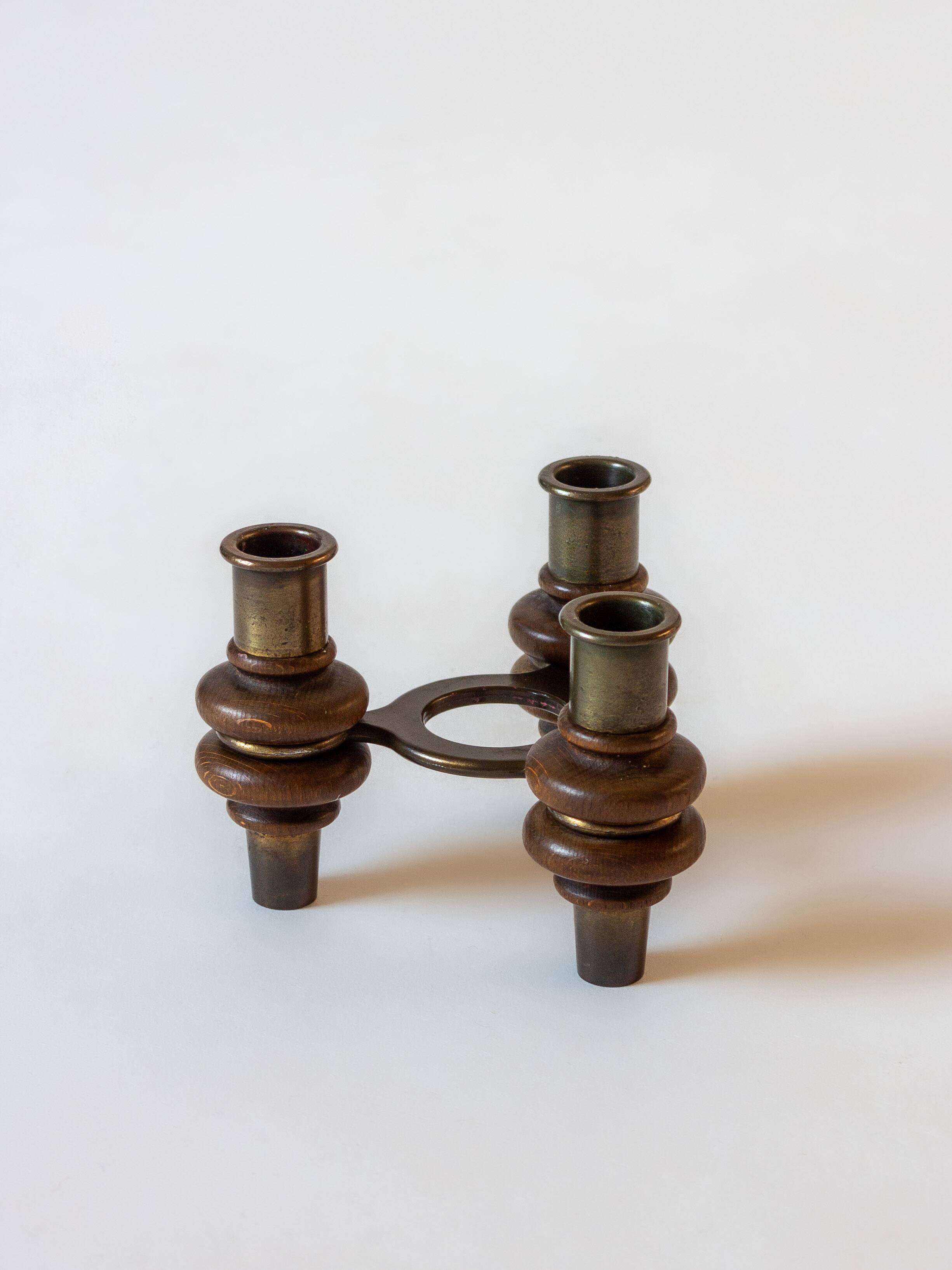 Tripod candle holder in wood and brass, Germany, 1960s/70s
