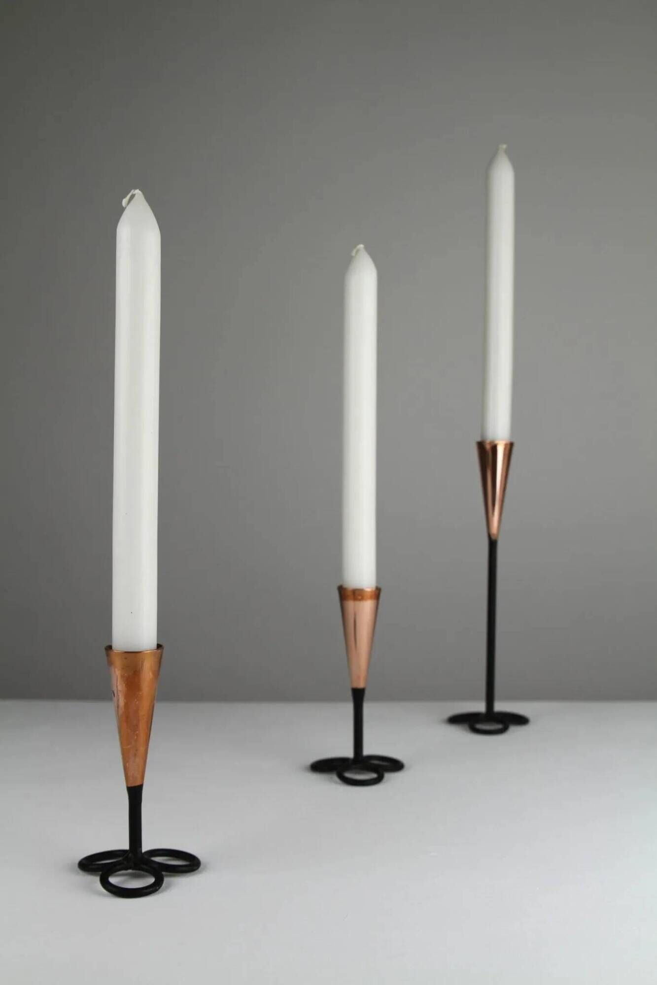 Trio of Black Iron & Copper Candlesticks — Gunnar Ander for Ystad-Metall, Sweden, 1960s