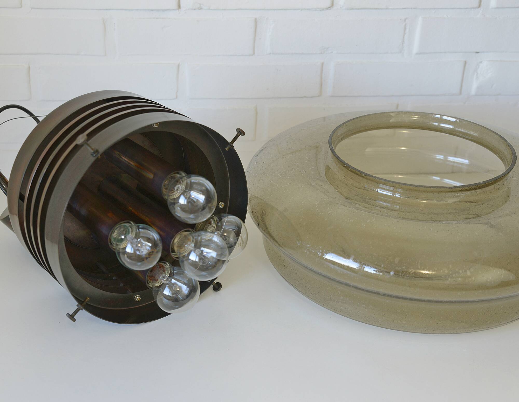 Vintage Brutalist Light X Large Glass Pendant Lamp Mid Century Modern 1980