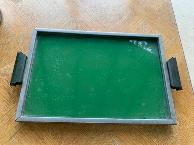 Art deco wood and glass tray, handles in Bakelite