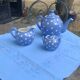 Lavender blue earthenware tea service with white polka dots from Digoin Sarreguemines.