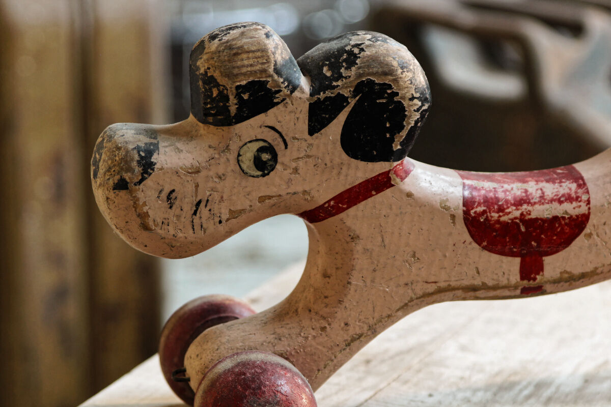 Wooden poodle with wheels, pink and red, flooring game to shoot