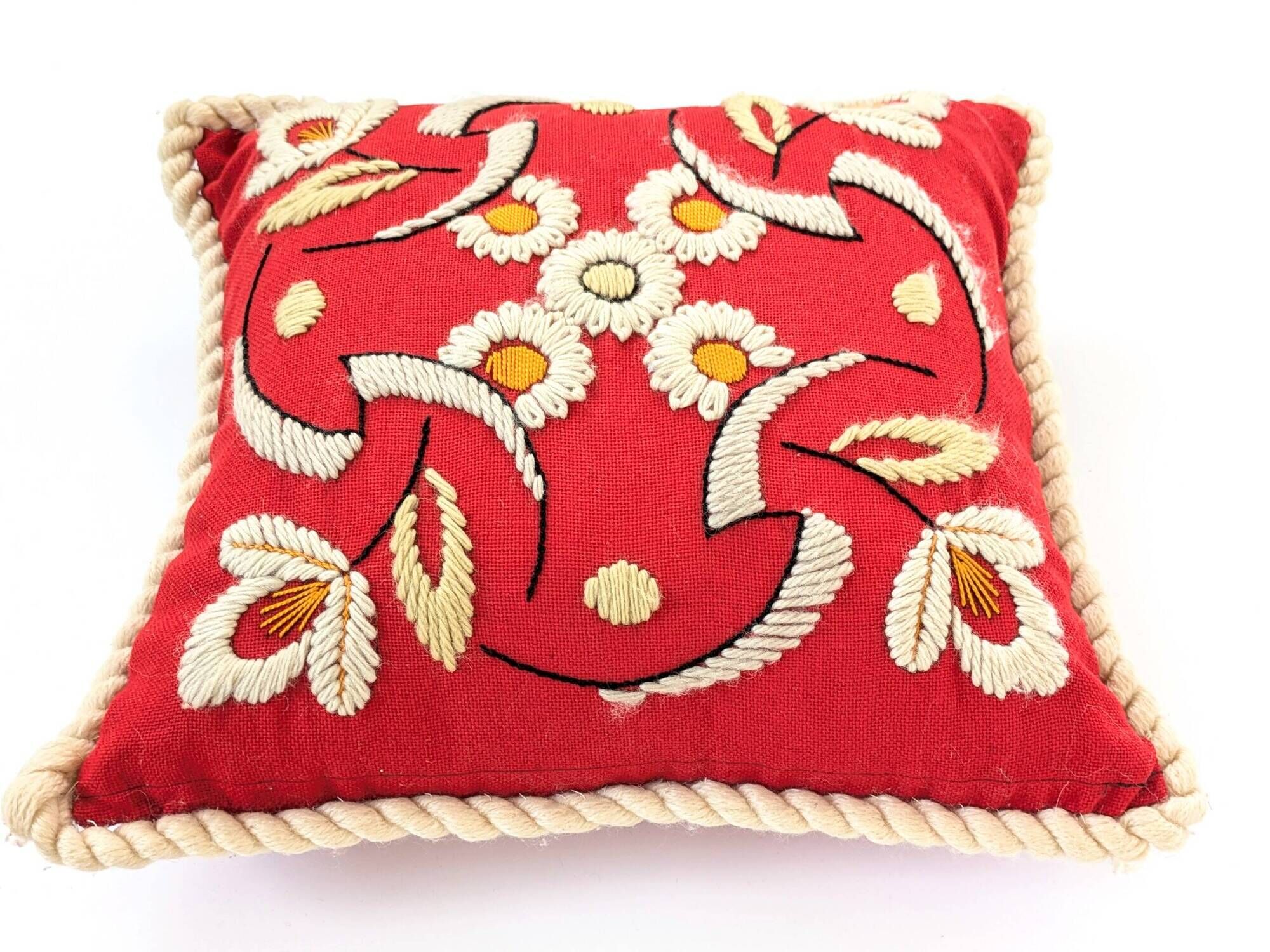 Floral decorative cushion | Wool embroidery | 70s