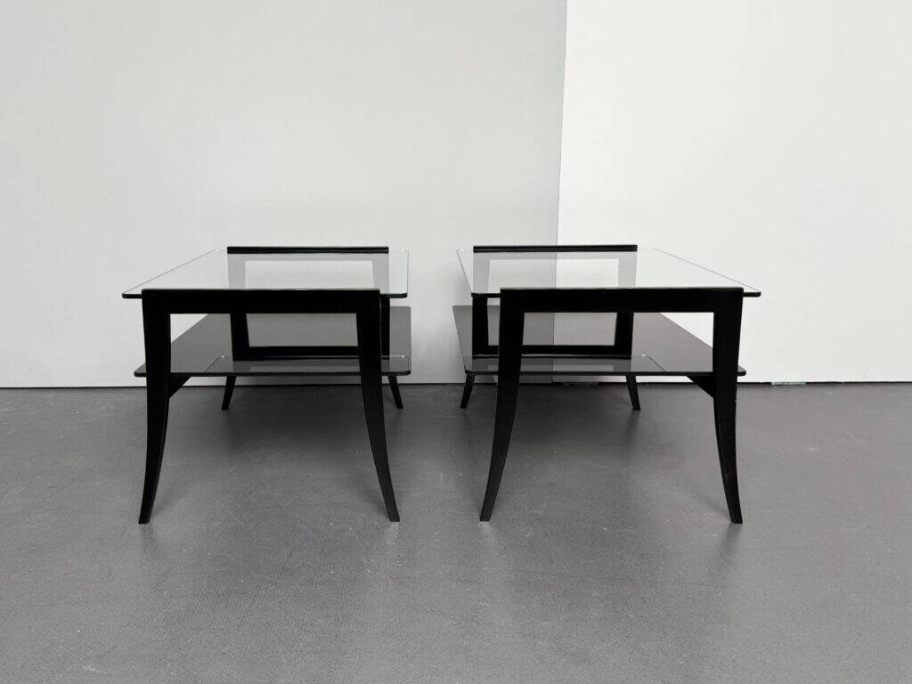 Pair of bedside tables, bedside consoles, black lacquer with glass tops, Italy, 1970s