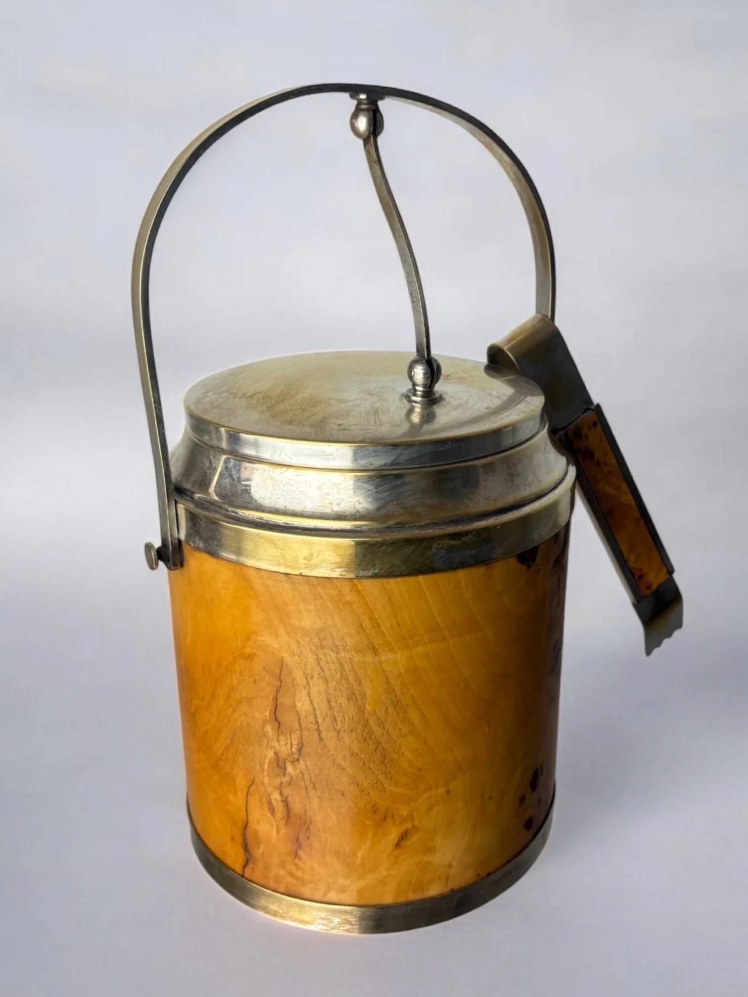 Lucite burl wood & brass ice bucket with tongs, Italy, 1970
