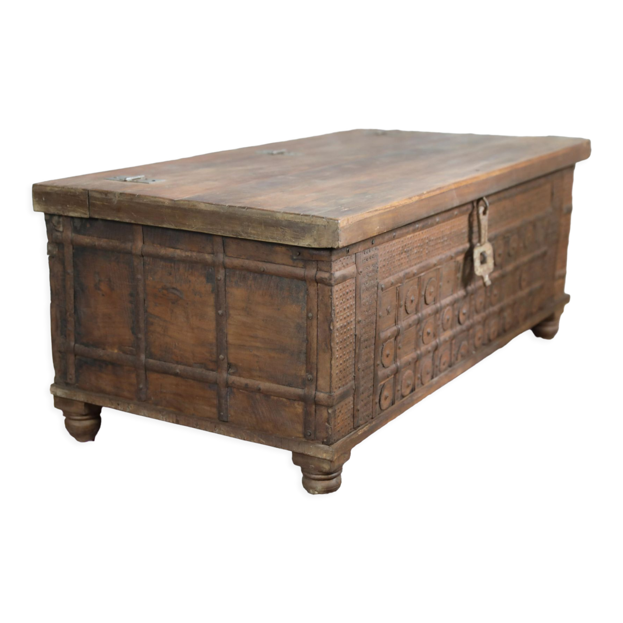Indian low chest, coffee table in natural teak and metal, unique piece