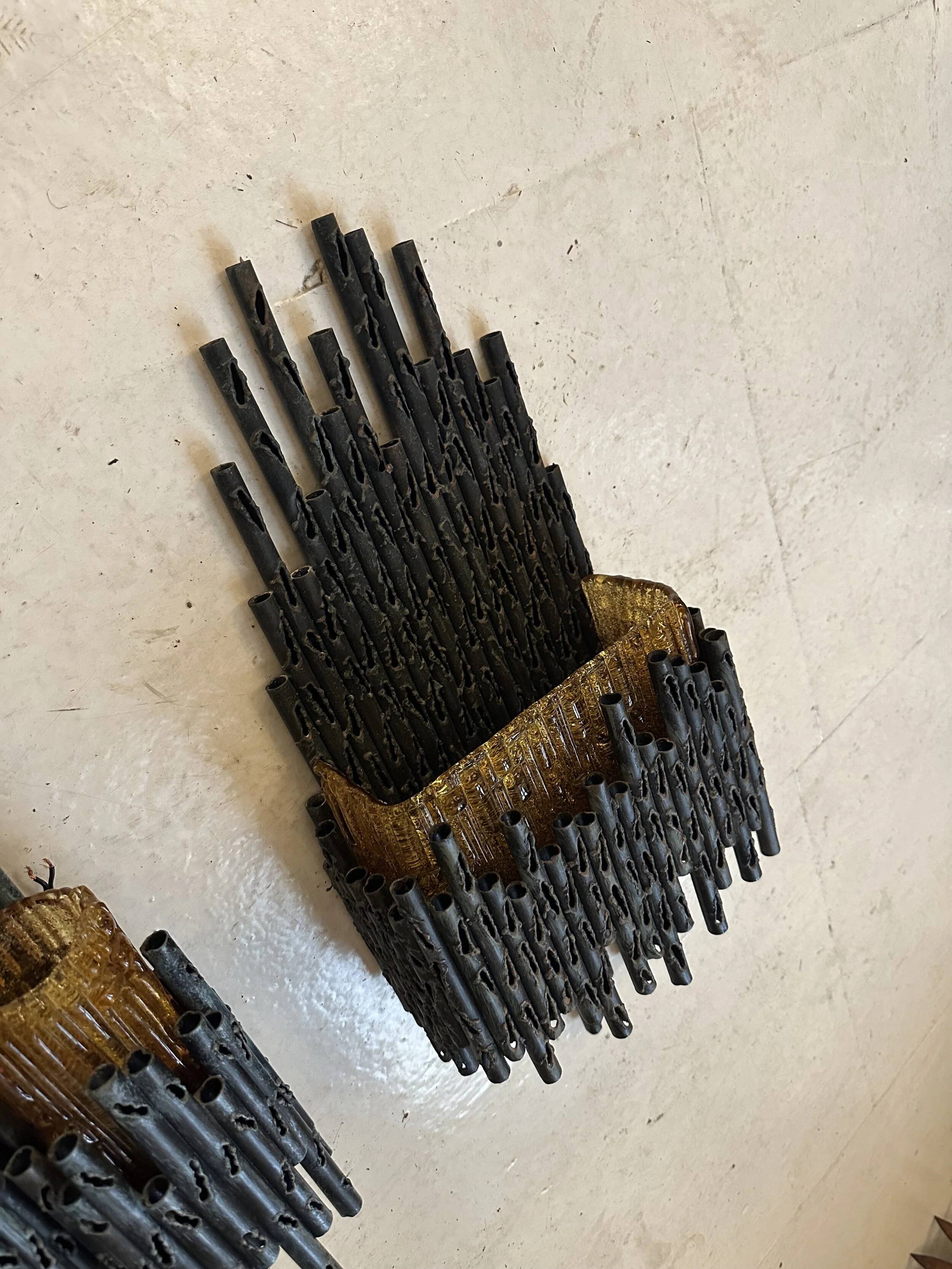 3 appliques murales brutalistes en acier et verre