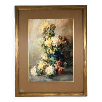 Gouache ou aquarelle opaque “Nature morte aux fleurs” signée Ricouart et datée 1909