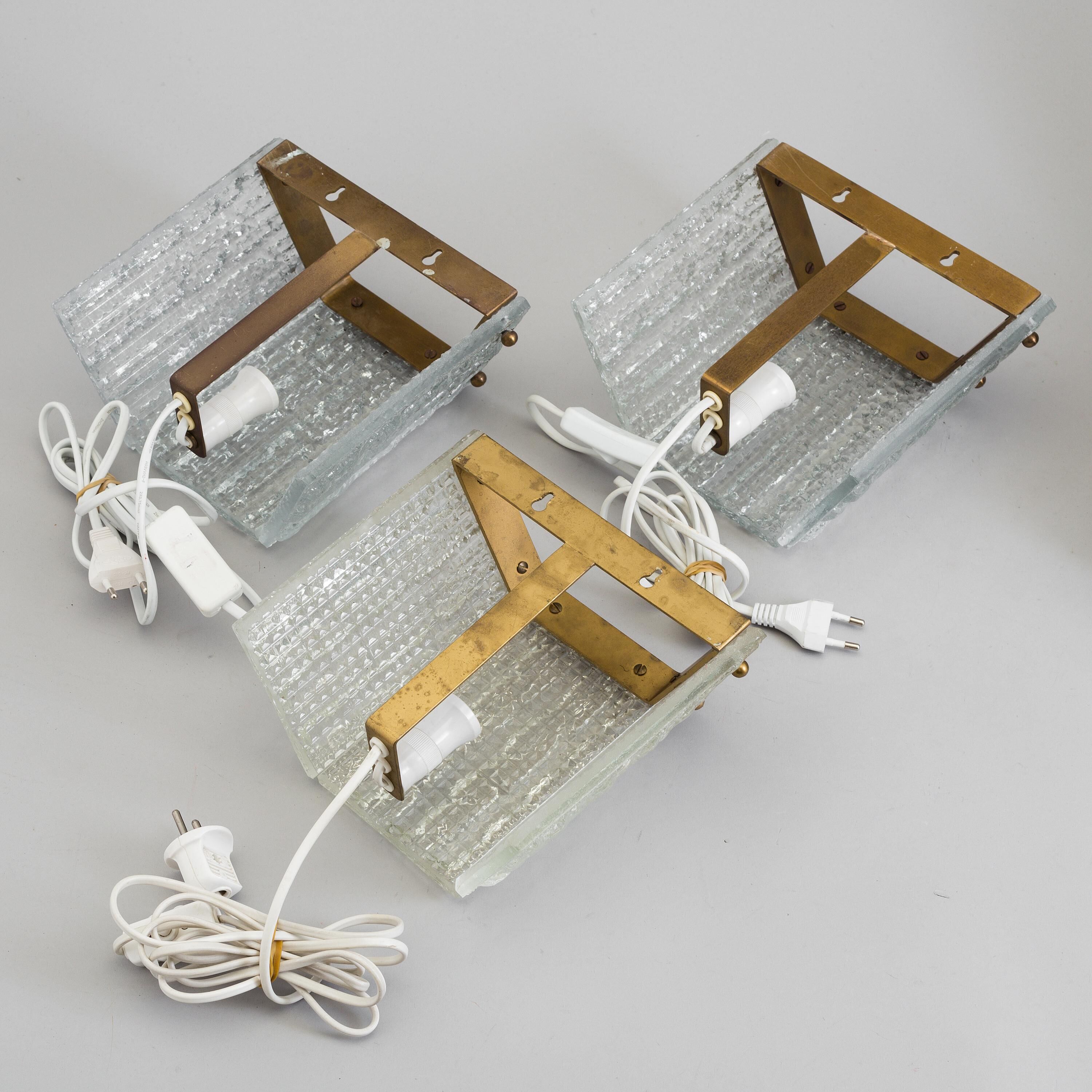 Orrefors Wall Sconces / Wall Lanterns Glass and Brass. Sweden 1960.