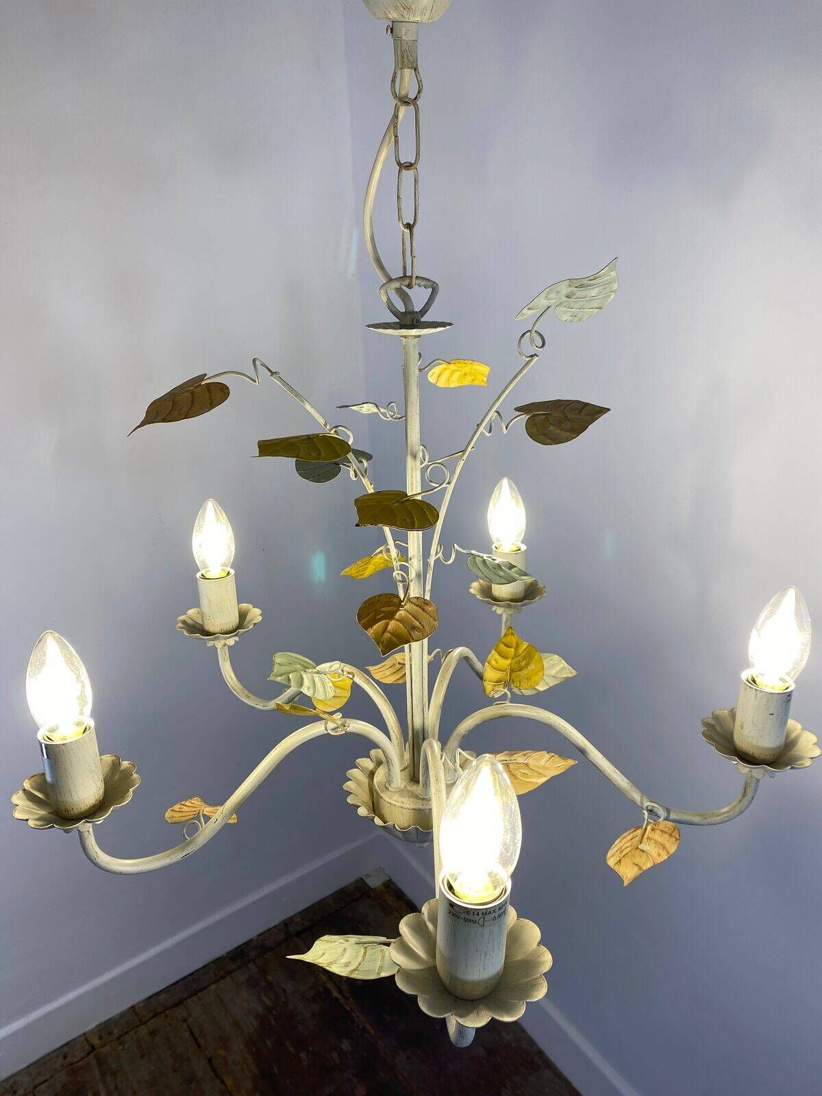 Vintage painted metal chandelier, foliage and flowers, 5 lights.