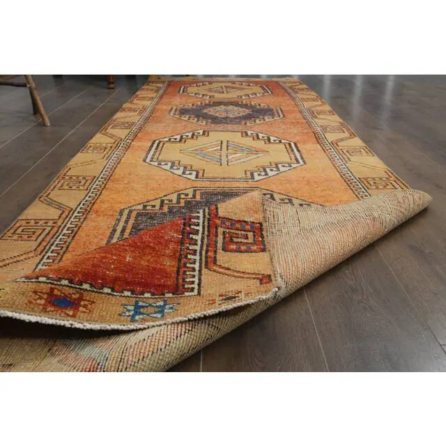 1970s vintage Turkish Oushak handmade wool cotton orange runner rug 103x330