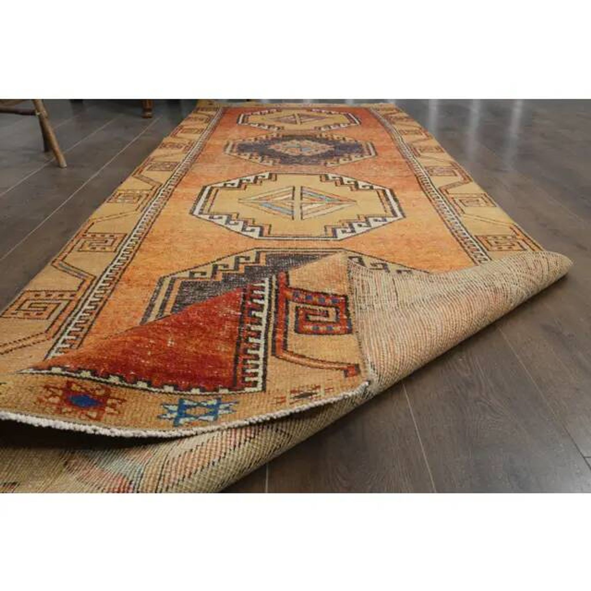 1970s vintage Turkish Oushak handmade wool cotton orange runner rug 103x330