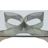 Mid Century Modern Square Center Table, Chrome Metal and Glass Top