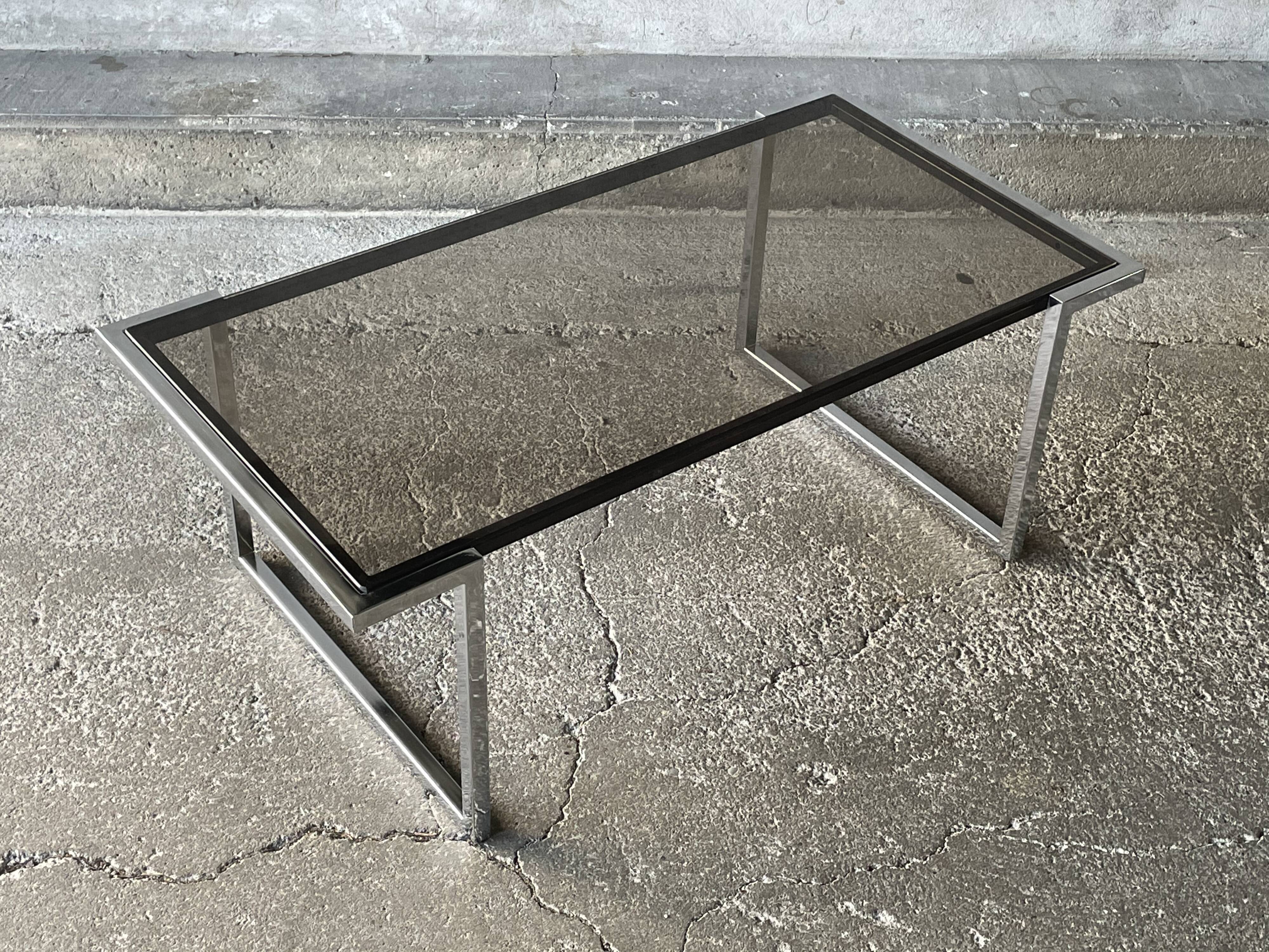 Coffee table in chromed metal and smoked glass, 1970s