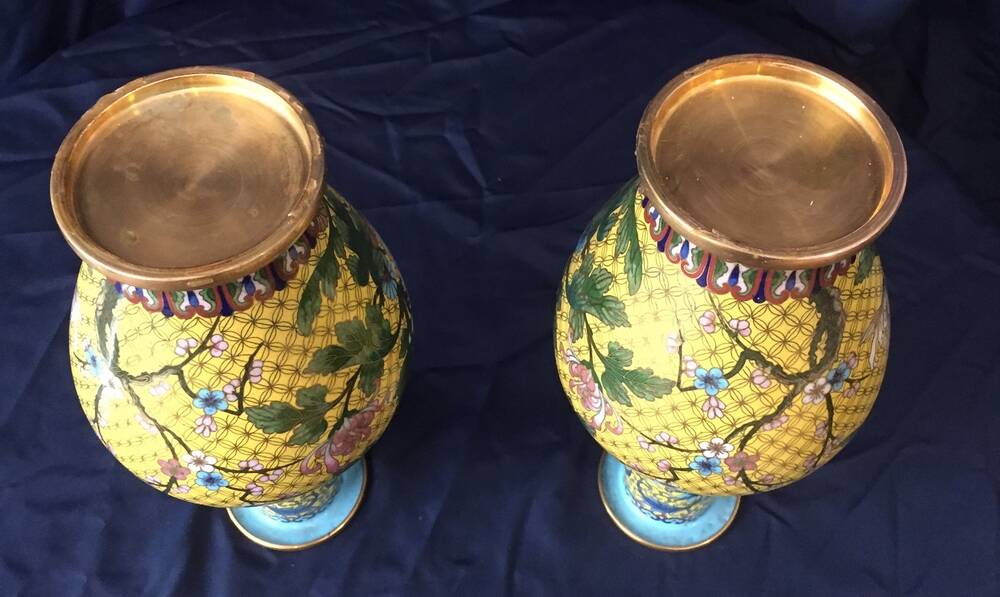 Pair of cloisonne enamel vases with japanese floral decor