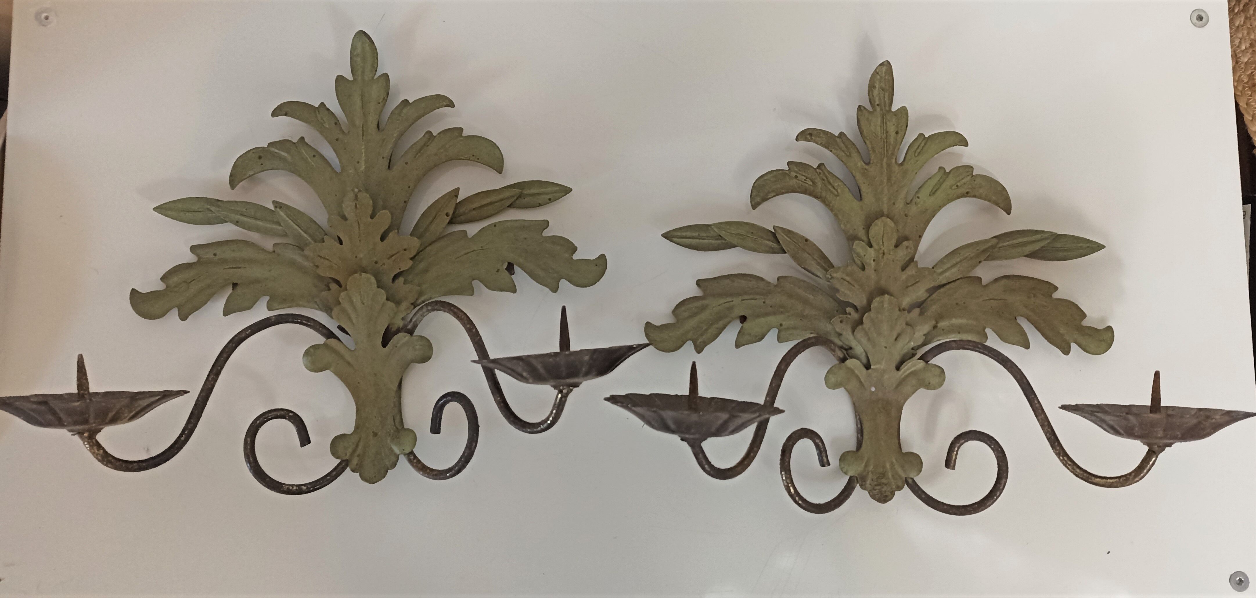 Pair of vintage wall lights candlesticks in gold metal and green patina