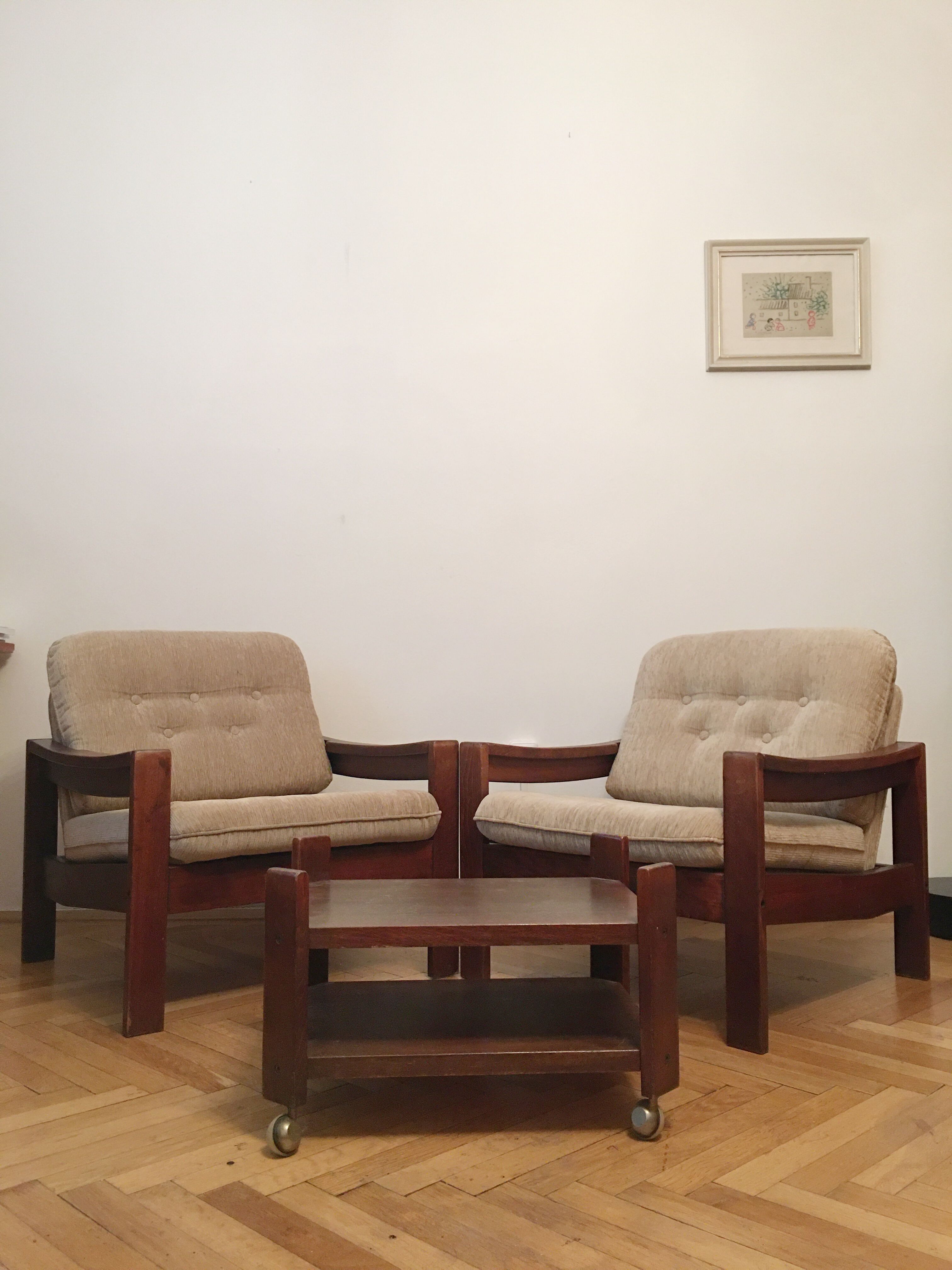 Brown vintage armchairs, 1960s, pair with one stool
