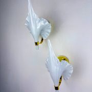 Pair of Italian "Calla Lily" leaf-shaped wall sconces, Murano glass & gilt brass, circa 1970s
