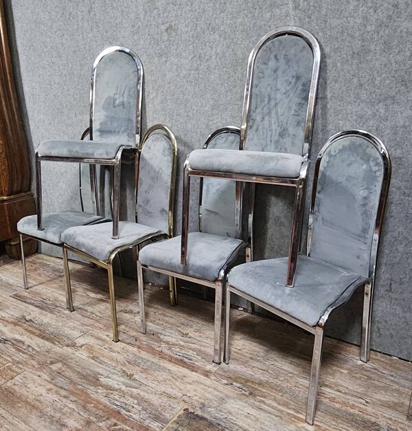 Série de 6 chaises design vintage – métal chromé \& velours