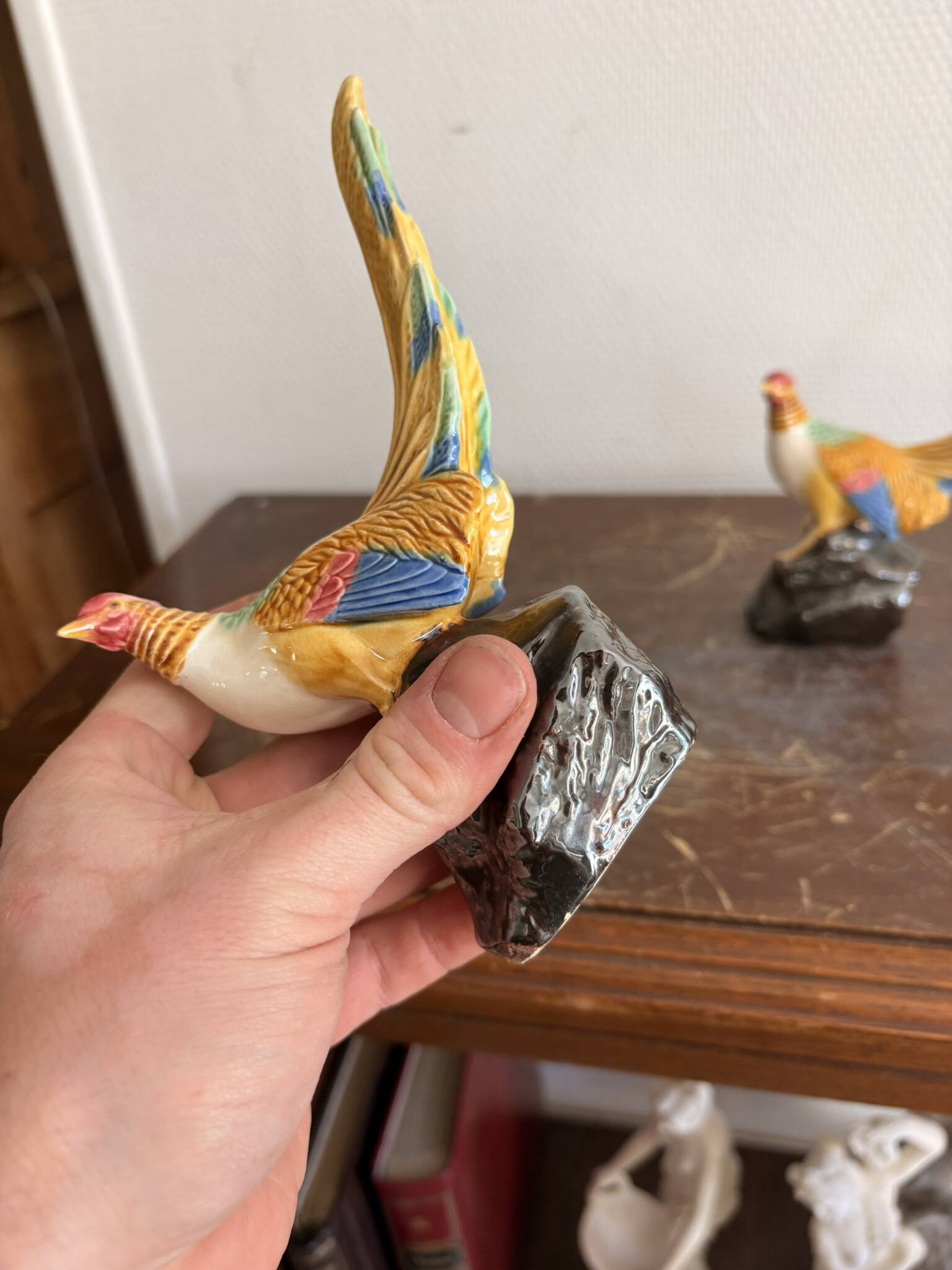 Paire Faisans Barbotine Faïence Art Déco Oiseaux 1930